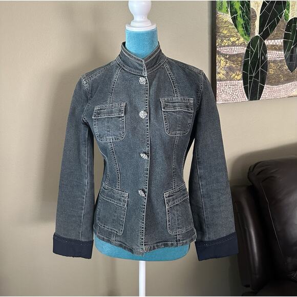Tahari Jean Jacket S/P Embellished Sparkle Snap Close Medium Wash - Picture 2 of 16